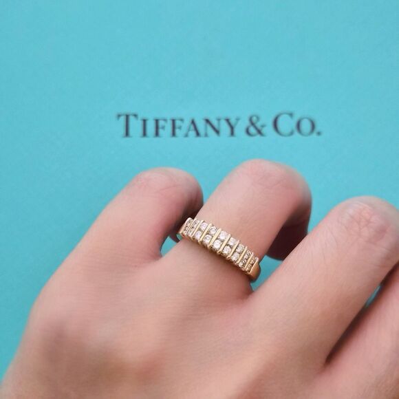 RARE Vintage Tiffany & Co. Diamond Half Circle 2 Rows 18k Yellow Gold Ring Band - Picture 3 of 8